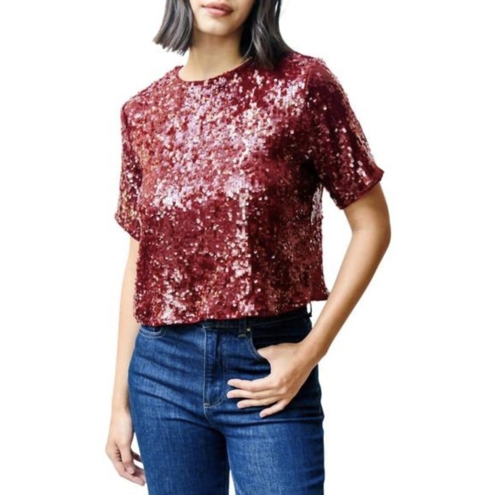 NEW SUNCOO Louise Sequin Top in Bordeaux Sz T2